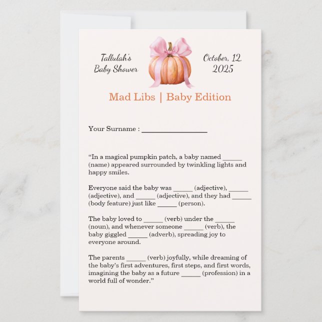Babydusche Mad Libs | Spaß-Party-Aktivität (Vorderseite)