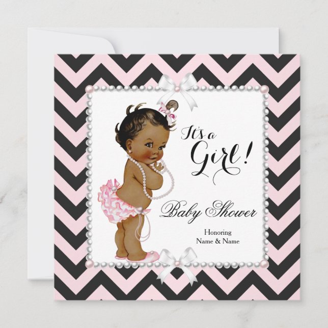 Babydusche Mädchen Pink Black Stripe White Ethnic Einladung (Vorderseite)