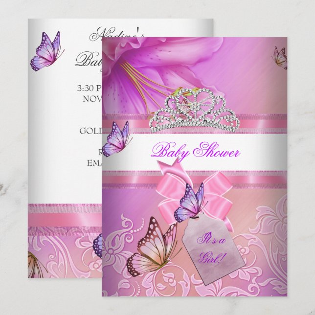 Babydusche Mädchen Pink Lila Prinzessin Butterfly  Einladung (Vorne/Hinten)