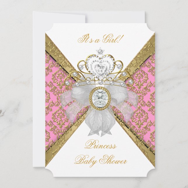 Babydusche Mädchen Weiß rosa Prinzessin Damask 2 Einladung (Vorderseite)