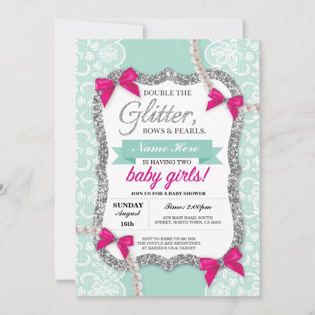 Babydusche Mint Glitzer Bow Twins Girls Einladung (Vorderseite)