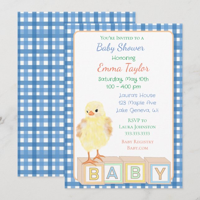 Babydusche mit Baby Chick und Blocks Einladung (Vorne/Hinten)