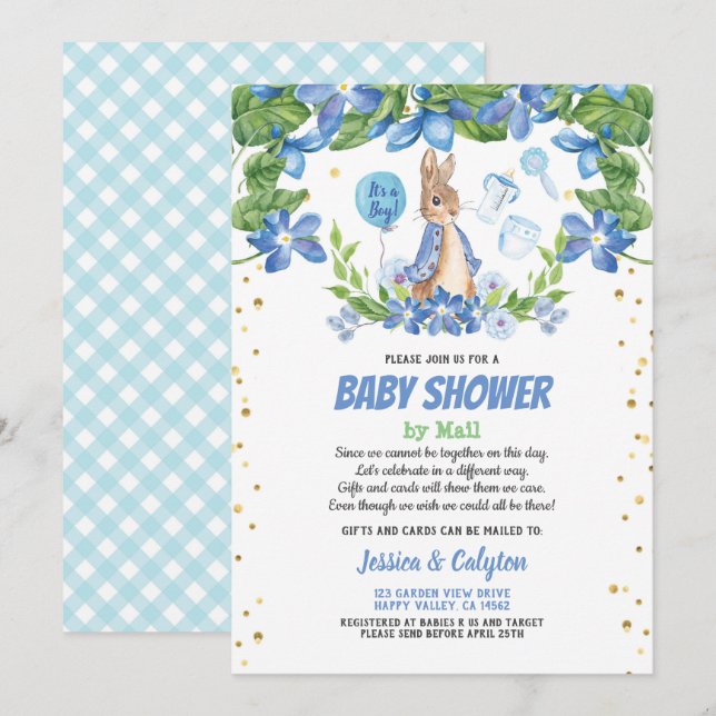 Babydusche mit der Post Bunny Rabbit blau Einladung (Vorne/Hinten)