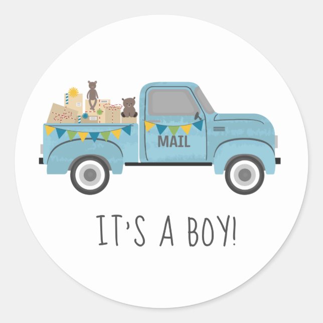 Babydusche mit Mail Vintag Blue Truck Runder Aufkleber (Vorderseite)