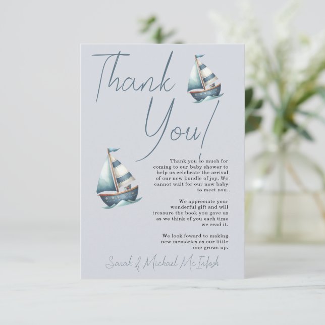 Babydusche mit Nautical Sailboat Danke Karte (Stehend Vorderseite)