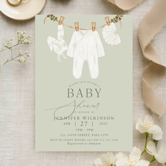 Babydusche mit neutraler Boho Kleidung Einladung (Sage Neutral Boho Clothes Line Baby Shower Invitation)
