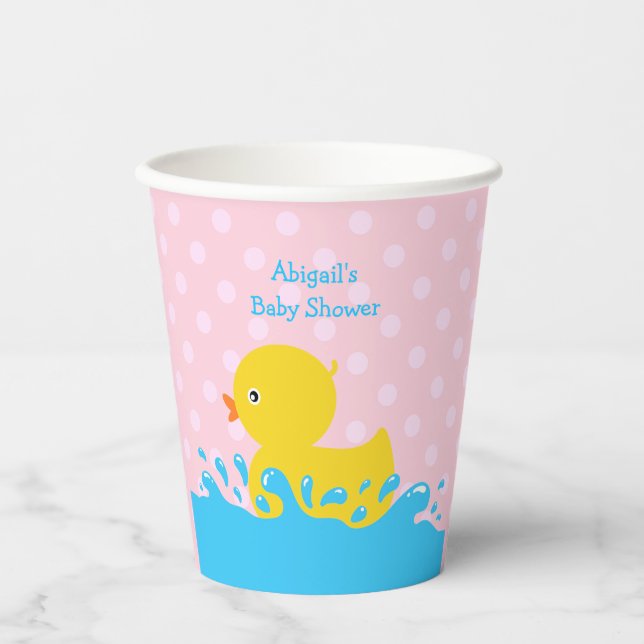 Babydusche mit rosa und gelber Ente Pappbecher (Vorderseite)