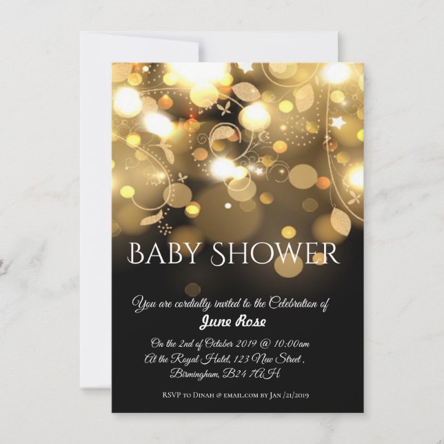 Babydusche mit schwarzer und goldener Beleuchtung Einladung (Vorderseite)
