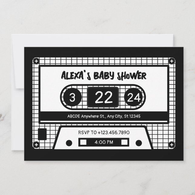 Babydusche mit schwarzer und weißer Kassette Einladung (Vorderseite)