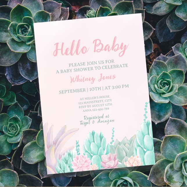 Babydusche mit Succulum Watercolor Einladung (Succulent Watercolor Botanical Girl Baby Shower Invitation)
