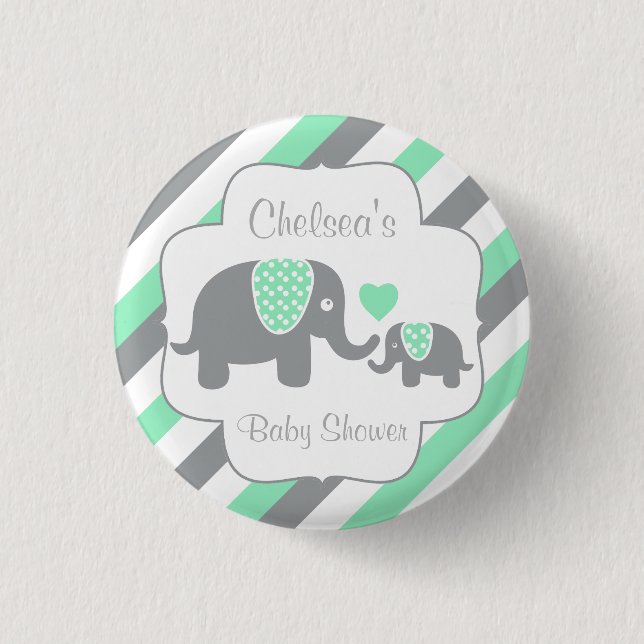 Babydusche mit weißem, grünem und grauem Streifen Button (Vorderseite)