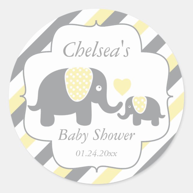Babydusche mit weißen, gelben und grauen Streifen Runder Aufkleber (Vorderseite)