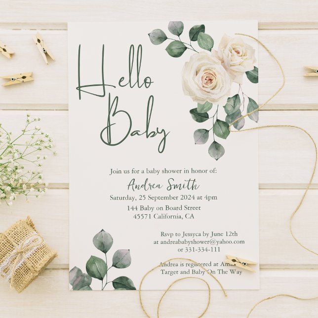 Babydusche mit weißer und grüner Rose Einladung (Von Creator hochgeladen)