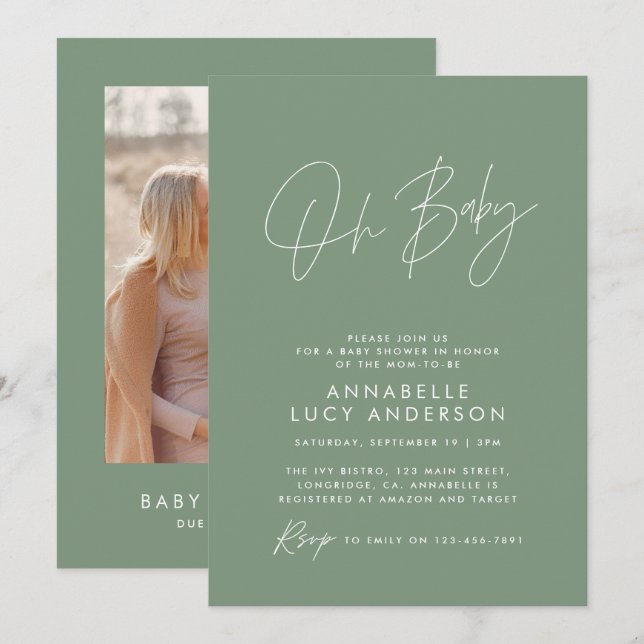 Babydusche Moderne, grün, elegant Foto Einladung (Vorne/Hinten)