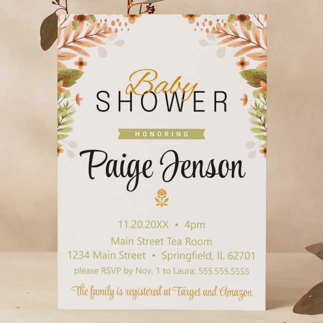 Babydusche Moderne grüne und braune Botanicals Einladung (Baby shower green brown botanicals floral woodland fall script cursive font banner cute classic )
