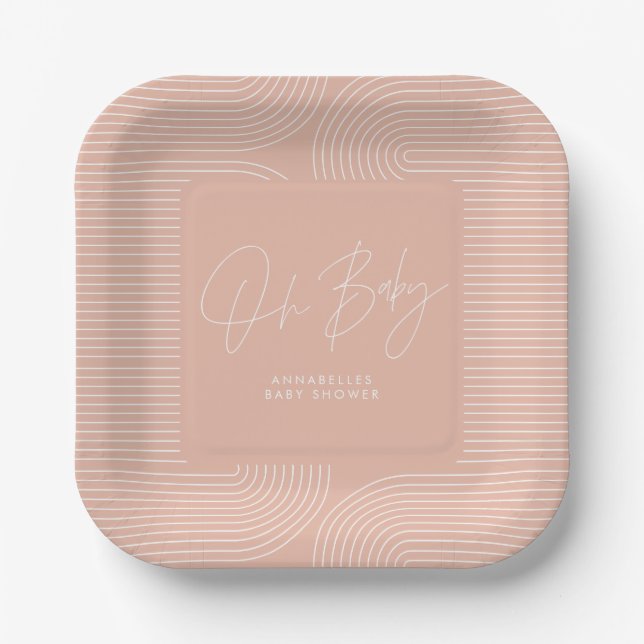 Babydusche moderne rosa pfirsichfarbene, elegante  pappteller (Vorderseite)