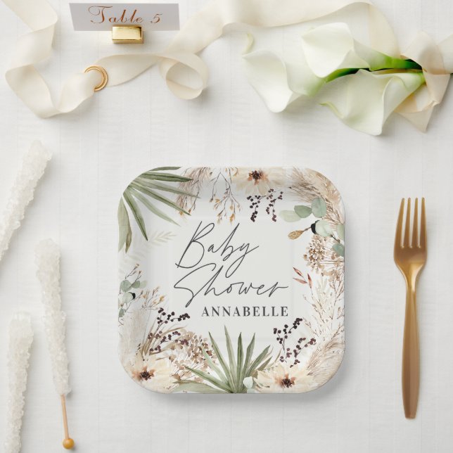 Babydusche moderne rustikale Pampas-Rasenpflanzen Pappteller (Hochzeit)