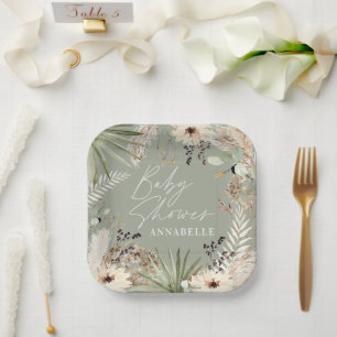 Babydusche moderne rustikale Pampas-Rasenpflanzen Pappteller