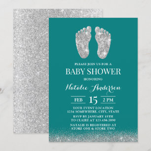 Babydusche Moderner Silver Glitzer Baby Foot Aquam Einladung