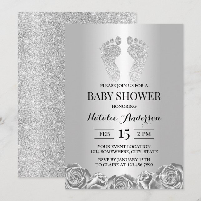 Babydusche Moderner Silver Glitzer Feet Rose Blüte Einladung (Vorne/Hinten)