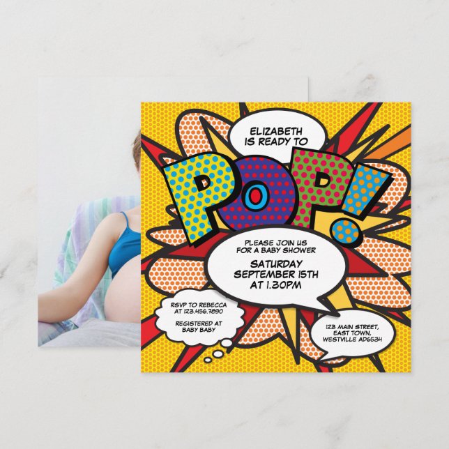 Babydusche Moderner Spaß Bereit zum Pop Foto Einladung (Vorne/Hinten)