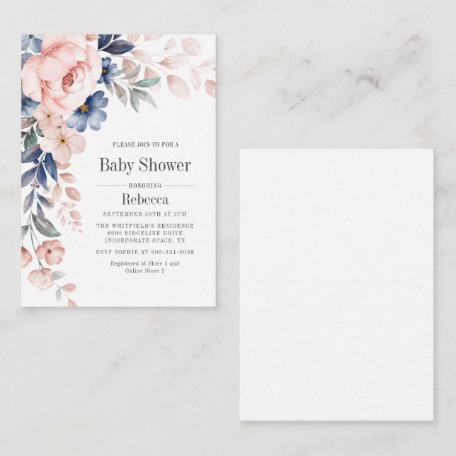 Babydusche Modernes Blautönen Blau Rosa Blütenblum Mitteilungskarte (Vorne/Hinten)