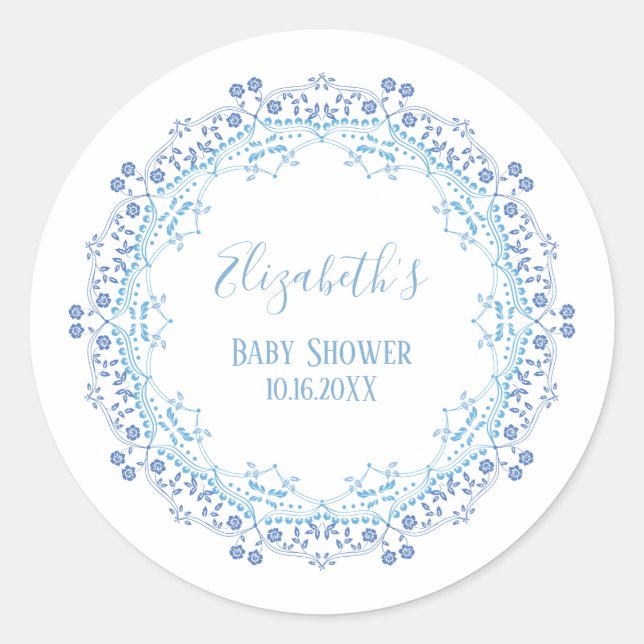 Babydusche Modernes Blue Floral Foliage Vielen Dan Runder Aufkleber (Vorderseite)