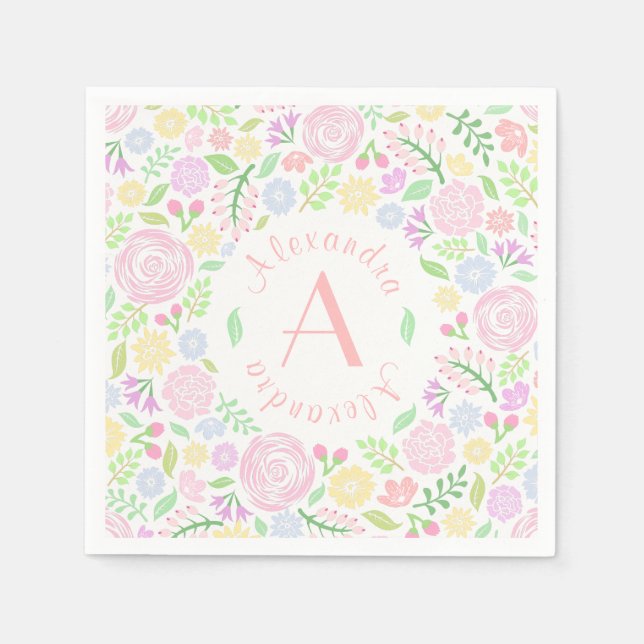 Babydusche Monogram Floral Paper Napkin Serviette (Vorderseite)