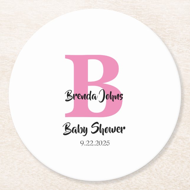 Babydusche Monogramme Pink White Niedlich Simple Runder Pappuntersetzer (Vorderseite)