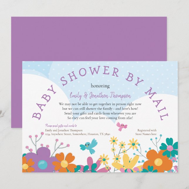 Babydusche nach Mail farbenfrohe Florals Vögel Einladung (Vorne/Hinten)
