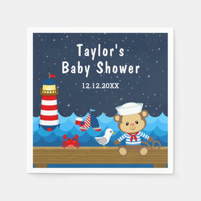 Babydusche Nautic Boy Monkey Red and Navy Serviette (Vorderseite)