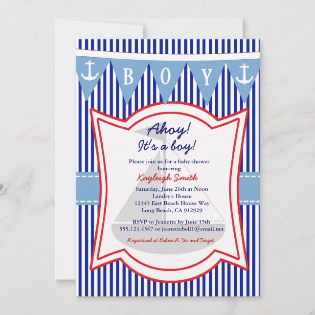 Babydusche Nautical Boy Einladung Segeln Anchor (Vorderseite)