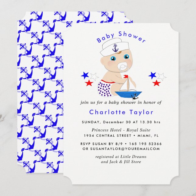Babydusche Nautical Boys Niedlich Sailor Blue Einladung (Vorne/Hinten)