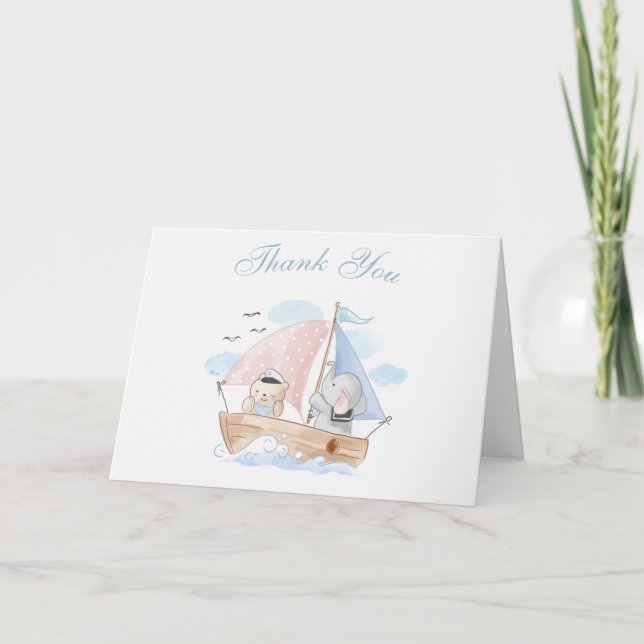 Babydusche Nautical Elephant Bear Boat Danke Karte (Vorderseite)