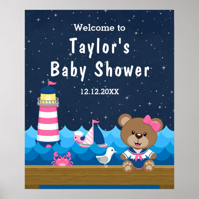 Babydusche Nautical Girl Bear Pink Navy Begrüßung Poster (Vorne)