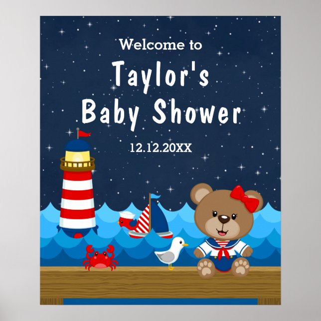 Babydusche Nautical Girl Bear Red Navy Begrüßung Poster (Vorne)