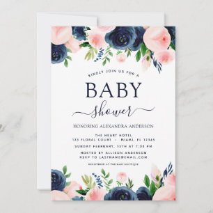 Babydusche Navy Blush Pink Aquarell Blütenfarbe Einladung