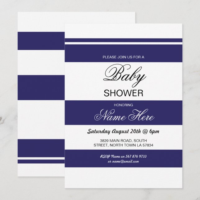 Babydusche Navy & White Stripe Party Chic Einladun Einladung (Vorne/Hinten)