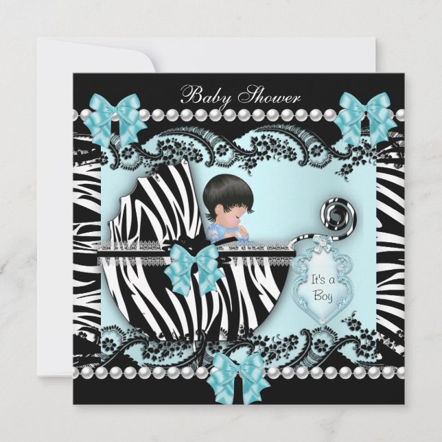 Babydusche Niedlich Baby Boy Blue Zebra Lace Einladung (Vorderseite)