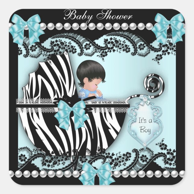 Babydusche Niedlich Baby Boy Blue Zebra Lace Quadratischer Aufkleber (Vorderseite)