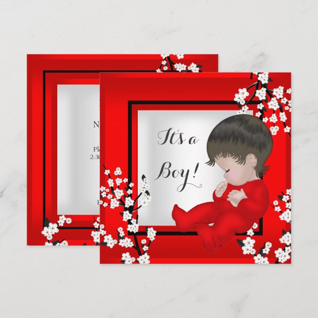 Babydusche Niedlich Baby Boy Red Blossom C Einladung (Vorne/Hinten)