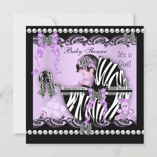 Babydusche Niedlich Baby Girl Lilac Zebra Lace Einladung (Vorderseite)