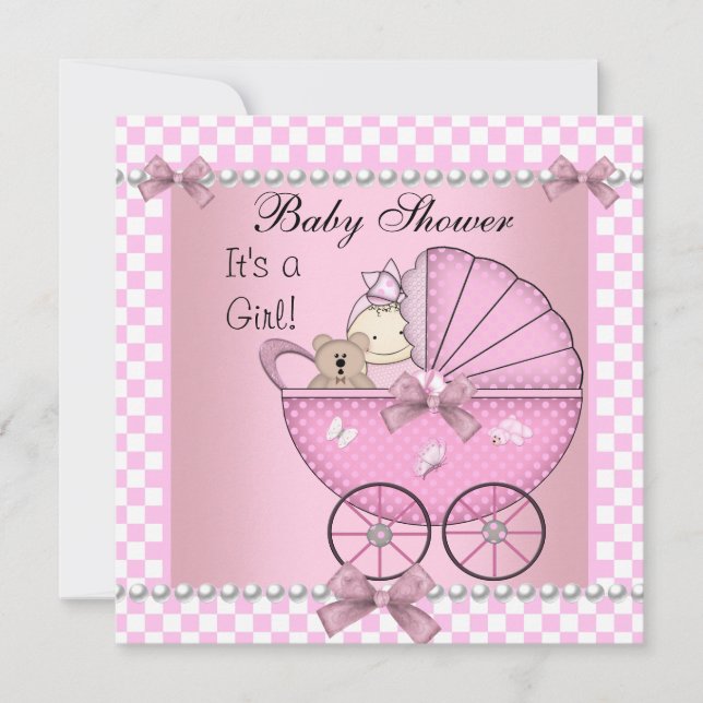 Babydusche Niedlich Baby Girl Pink Karo Pram Einladung (Vorderseite)