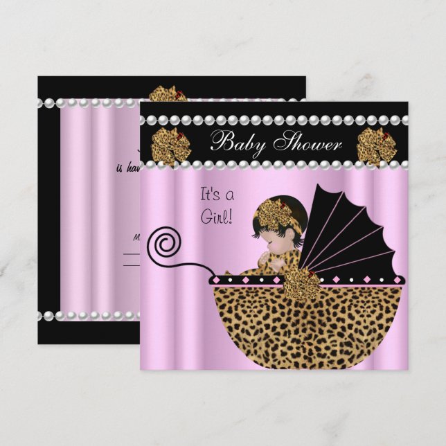 Babydusche Niedlich Baby Girl Pink Leopard Bow Einladung (Vorne/Hinten)