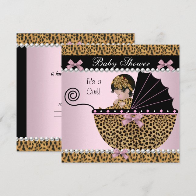 Babydusche Niedlich Baby Girl Pink Leopard Bow Einladung (Vorne/Hinten)