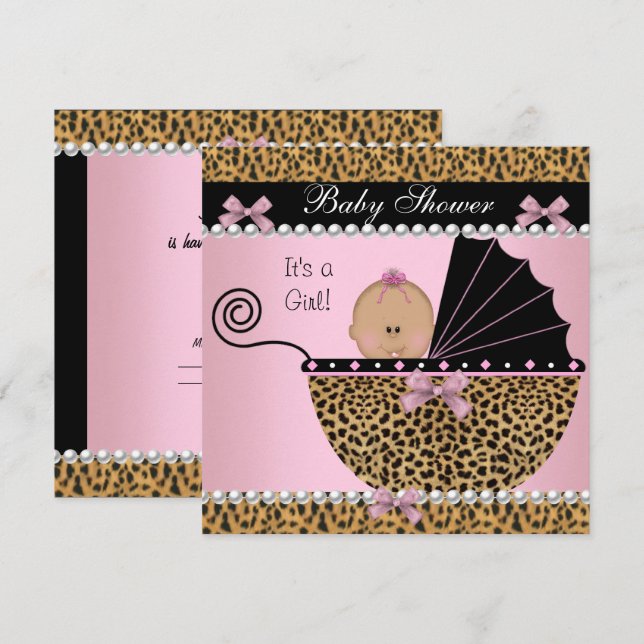 Babydusche Niedlich Baby Girl Pink Leopard Einladung (Vorne/Hinten)