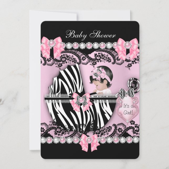 Babydusche Niedlich Baby Girl Pink Zebra Pearls Einladung (Vorderseite)