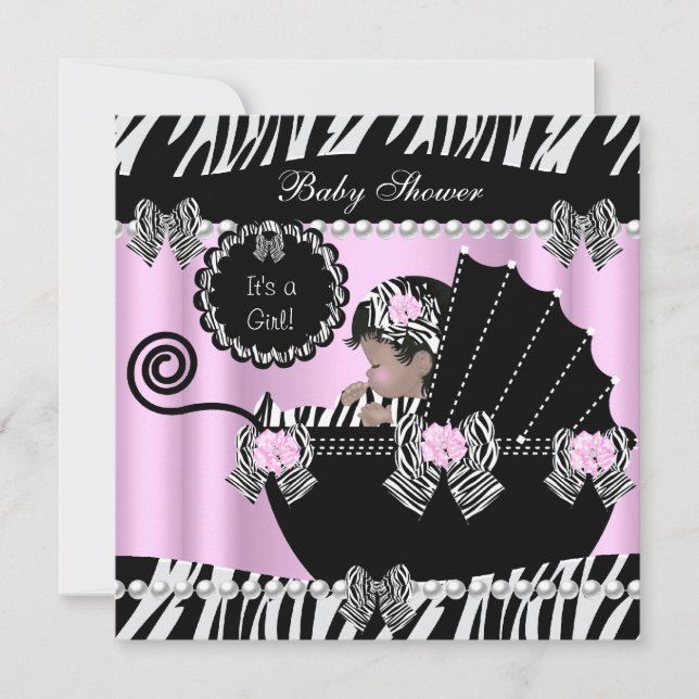 Babydusche Niedlich Baby Girl Pink Zebra Pram Einladung (Vorderseite)