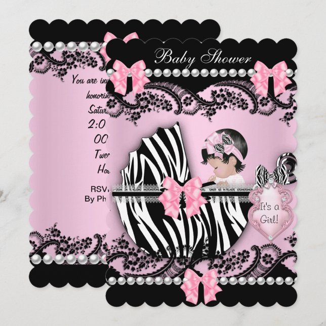 Babydusche Niedlich Baby Girl Pink Zebra Schnürsen Einladung (Vorne/Hinten)