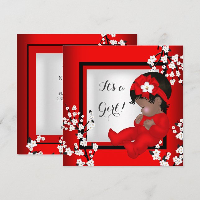 Babydusche Niedlich Baby Girl Red Blossom Black AM Einladung (Vorne/Hinten)